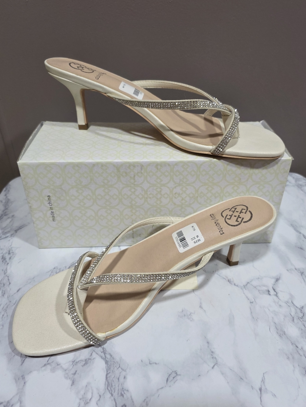 Daisy Fuentes Ivory Rhinestone Strap Heeled Sandals